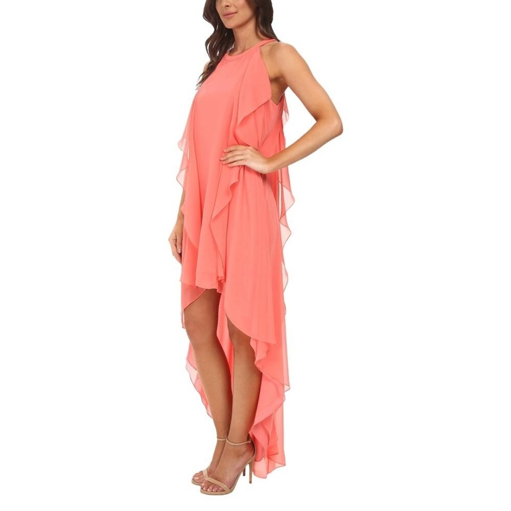 BCBG MaxAzria Coral Pink High Low Halter Dress XXS Chiffon Ruffle Wedding Guest